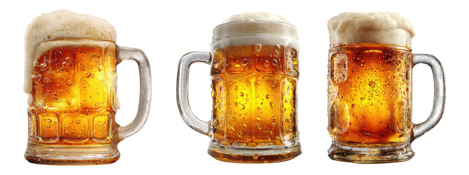 Three Cold Beer Mugs with Frothy Foam Isolated on Transparent Background