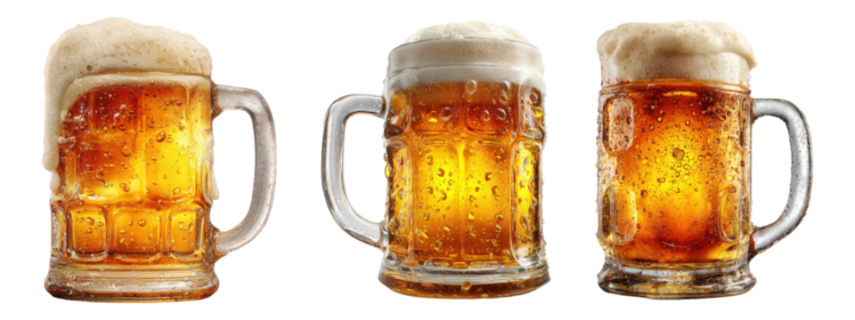 Three Cold Beer Mugs with Frothy Foam Isolated on Transparent Background