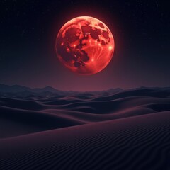 crimson lunar eclipse desert landscape dramatic night sky moon moonscape shadows sand dunes earth atmosphere nightfall vision, nightsky, celestial, view, starlight