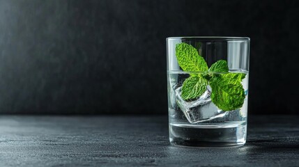 Close-up of a glass of water with ice cubes and fresh mint leaves. the glass is placed on a dark grey surface with a black background.