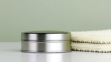 Silver Metal Tin with Natural Deodorant Beside White Linen Napkin on Green Background