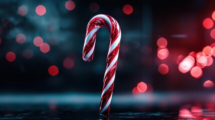 Close-up of a candy cane. the candy cane is in the center of the image and is the only object in the frame.