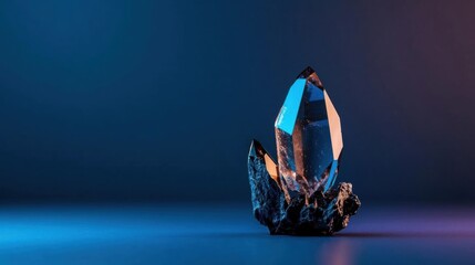 Close-up of a crystal on a dark blue background. the crystal is in the shape of a point, with a pointed tip and a smooth surface.
