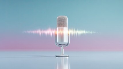 Silver Microphone with Colorful Sound Waves on Pastel Background