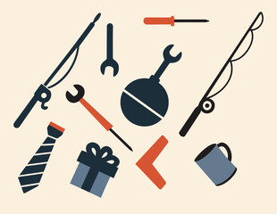 Assorted father's day icons including fishing rods tools a tie gift and a mug on a beige background
