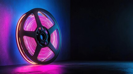Spool of led strip lights in a dark room. the strip lights are arranged in a circular pattern, with the center of the spool being the largest and the outermost.