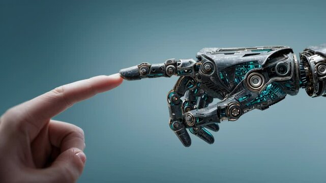 Human hand reaching to touch robotic finger, symbolizing connection between technology and humanity, futuristic concept.