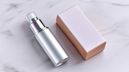 Silver Skincare Bottle and Packaging on Marble Background