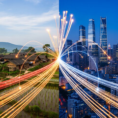 Obraz premium Connecting Rural Village to Modern City with Technology