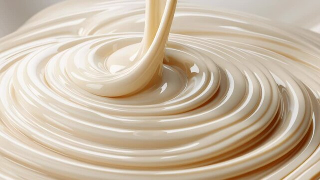 Silky cream swirling on smooth surface, rich texture blending subtly, ideal for culinary designs or artistic backgrounds.
