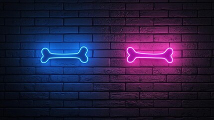Two neon signs of a dog bone on a brick wall. the signs are in different colors - blue and pink - and are lit up in a bright neon style.