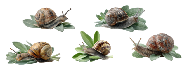 Snails Crawling on Green Leaves Isolated on Transparent Background 