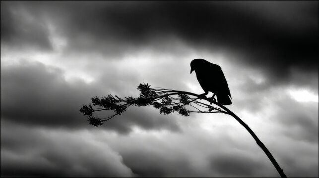 Solitary raven perched on a thin, spiky branch silhouetted against a dramatic sky filled with thick, billowing clouds, creating a moody and ominous atmosphere. - Powered by Adobe