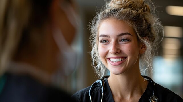 Close-up portrait of a young woman with blonde hair tied up in a messy bun. she is wearing a black scrub top and a stethoscope around her neck.