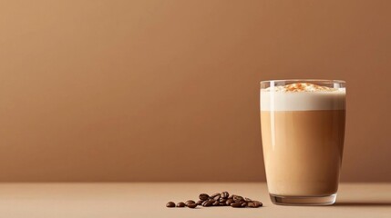 Glass of coffee on a beige background. the glass is filled with a creamy, light brown liquid, which appears to be a latte or cappuccino.