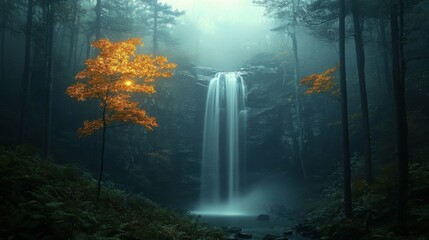 Waterfall Amidst Forest Illustration With Golden Foliage and Misty Environment