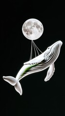 Silver Whale Ascending Night Sky Pulling Glowing Moon