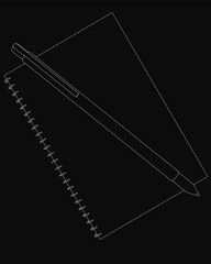 A black and white line drawing of a notepad with a pen resting on top, featuring clean minimalist lines and a sketched aesthetic. The simple yet elegant composition conveys creativity
