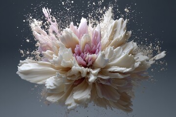 Exploding warhead turning into flower petals, symbol of peace and economic stability, abstract concept.