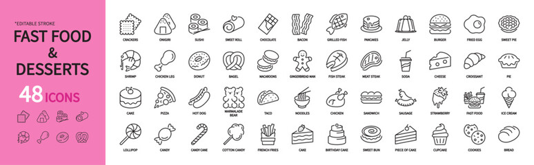 Fast food & desserts icon set. Burger, meat steak, pizza, hot dog, sushi, sandwich, croissant, cake, ice cream, chocolate, donut, cupcake, bagel, macaroon, etc. Editable stroke, vector illustration.