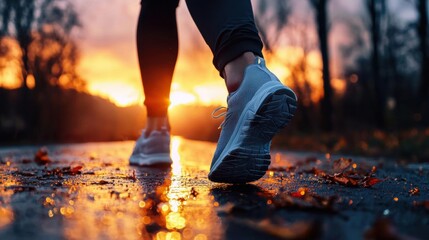 Person's feet walking on a wet road at sunset. the person is wearing black leggings and white sneakers. the road is covered in fallen leaves and there is a puddle of water on the ground.