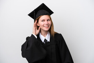 Young university graduate English woman isolated on white background listening to something by...