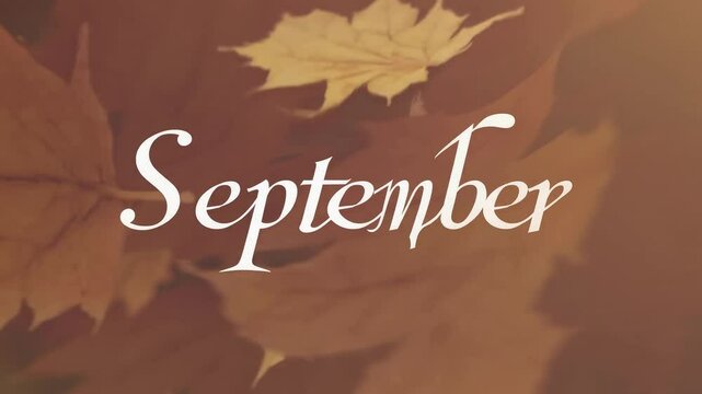 Golden leaves drifting past elegant serif &ldquo;September&rdquo; text