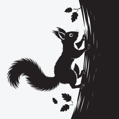 Silhouette of squirrel climbing tree trunk with oak leaves
