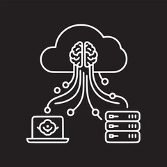 White outline of a cloud with a brain connected to a laptop and server on a black background