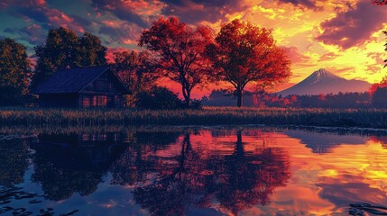 Peaceful rustic cabin by a tranquil lake at sunset.