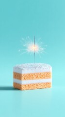 Single Layer Cake with Sparkler on Cyan Background
