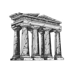 Obraz premium Ancient Greek Temple With Doric Columns Black And White Silhouette Illustration. Classical Architecture And Heritage Symbol. Isolated Vector Illustration