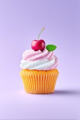 Single Pink and White Frosted Cupcake with Cherry on Top on Purple Background
