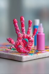 Pink and Red Child's Handprint on a Canvas with Paint Supplies