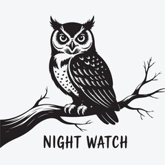 Black and white owl perched on a branch vector illustration