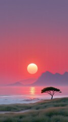 Pink And Red Sunset Over Savanna Landscape With Lone Acacia Tree