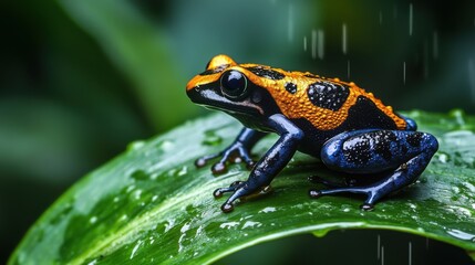Fototapeta premium A close-up of a poison dart frog resting on a wet green leaf, humidity visible in the air, 