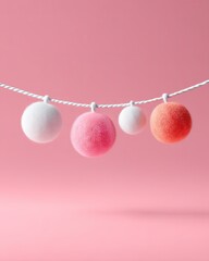 Pink Background with Hanging Pastel Pom Poms and Mini Bunting