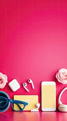 Pink Background Flatlay with Phone, Earbuds and Roses