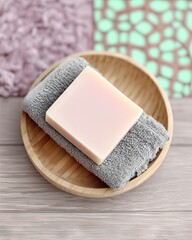 Pink Bar Soap on Gray Towel in Wooden Bowl