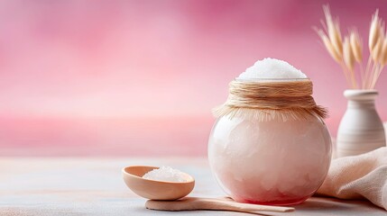 Pink Bath Salts in Glass Jar with Wooden Spoon