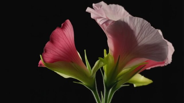 Time lapse footage of two Hibiscus syriacus flowers growing blossom from bud to full blossom on black background, 4k video.