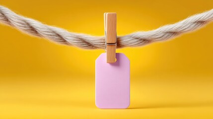 Pink Blank Tag Hanging on Rope with Wooden Clip Yellow Background