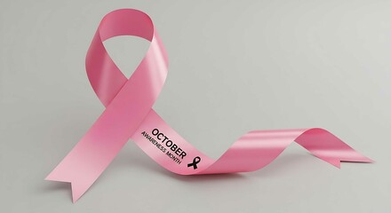 A pink ribbon for October breast cancer awareness month with a call to action symbol for health and support concept.