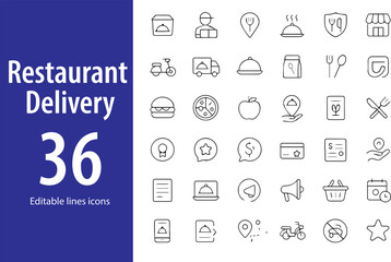Restaurant Delivery Line Icons, Food Bag, Scooter, Smartphone Order, Hot Meal, GPS, Fast Delivery, Location Pin, and More , Editable Formats: AI, EPS, JPG, PNG , Ideal for Both Digital and Print Use