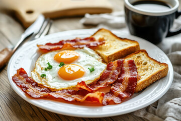 Homemade American breakfast. Fried eggs with bacon and toast, a cup of coffee, a knife and fork on a wooden table. Healthy breakfast. The concept of healthy eating. Morning Sunlight