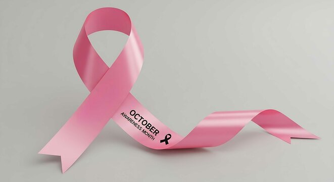 A pink ribbon for October breast cancer awareness month with a call to action symbol for health and support concept.