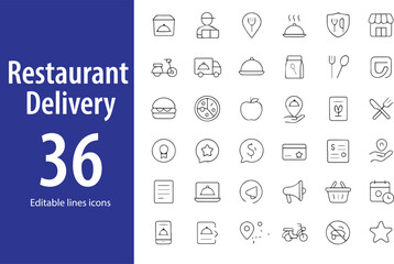 Restaurant Delivery Line Icons, Food Bag, Scooter, Smartphone Order, Hot Meal, GPS, Fast Delivery, Location Pin, and More , Editable Formats: AI, EPS, JPG, PNG , Ideal for Both Digital and Print Use