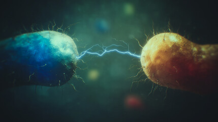 Electricity Exchange: A visual representation of the invisible forces that animate life, featuring two cells connected by a spark of energy, symbolizing the dynamic exchanges within microscopic world.