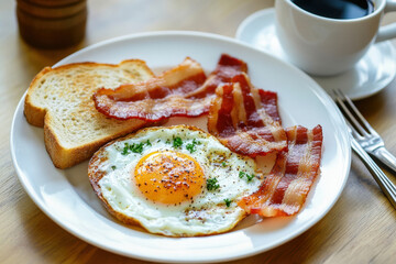 Homemade American breakfast. Fried eggs with bacon and toast, a cup of coffee, a knife and fork on a wooden table. Healthy breakfast. The concept of healthy eating. Morning Sunlight